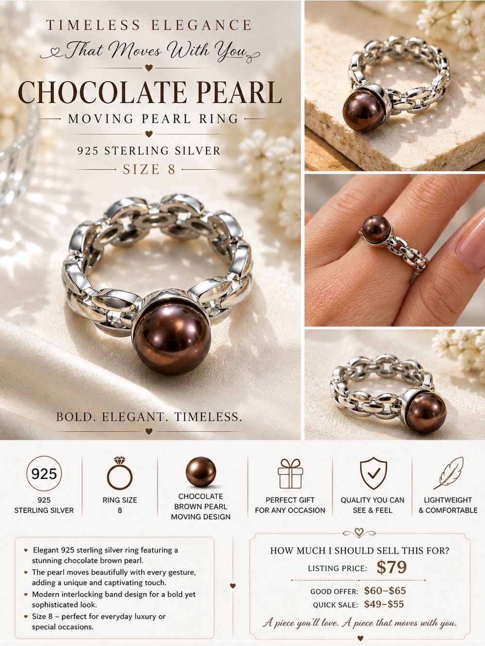 Sterling Silver Chocolate Brown Pearl Moving Ring